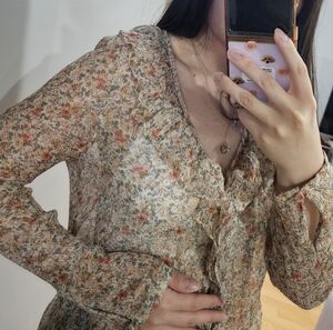 Sezane Floral V-Neck Ruffle Blouse